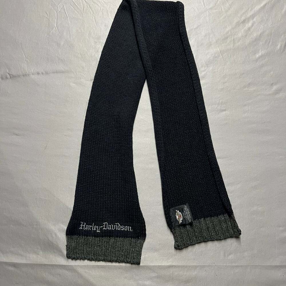 Harley Davidson Knit Winter Scarf Black Grey Ribbed Logo Y2K scarf bikercore